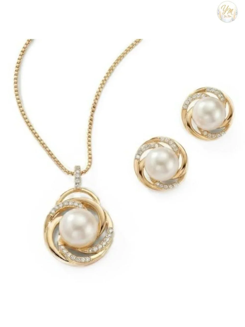 Freshwater Pearl Necklace & Earrings Set 14K Yellow Gold Plated Cubic Zirconia